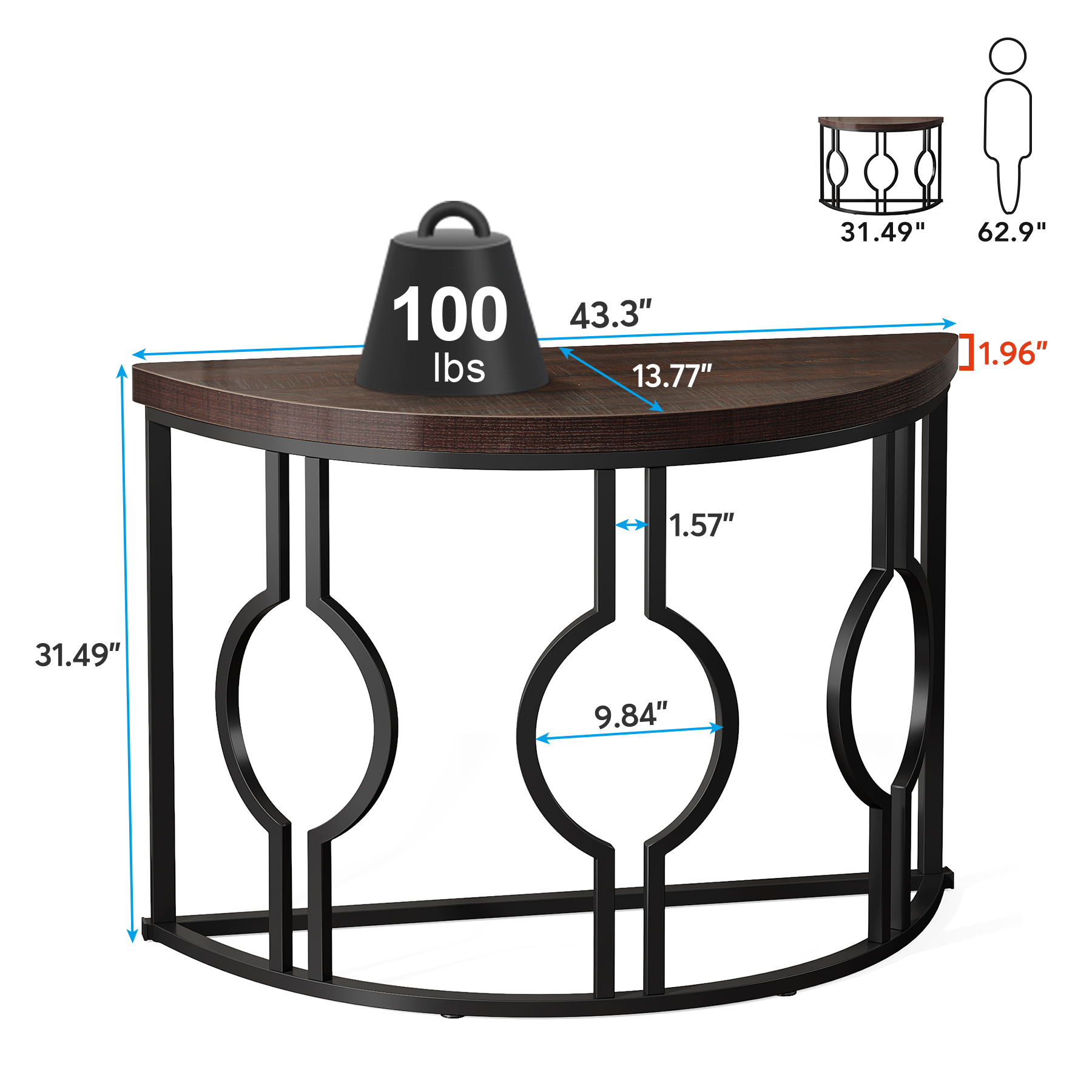 Fnova 43" Industrial Entryway Console Table, Half Moon Semi-Circle Sofa Table with Geometric Metal Base, Wood Accent Table for Living Room, Hallway, Foyer, Entrance, Easy Assembly