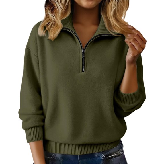 LEBONYARD Women's Trendy Plus Size Half Zipper Lapel Collar Thicken Fleece Solid Color Long Sleeve Casual Loose Warm Fit Comfy Knit Pullover Sweaters