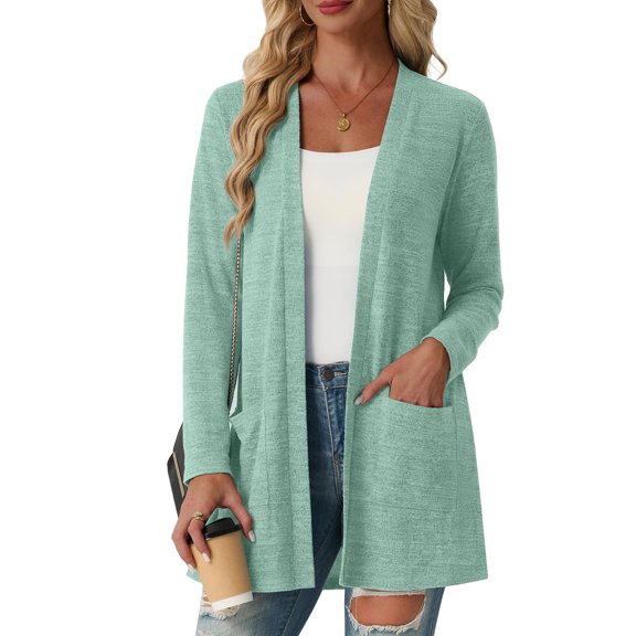 Women's Lightweight Cardigan Long Sleeve Sweater Open Front Casual Fall Cardigans with Pockets,Light Green 2XL