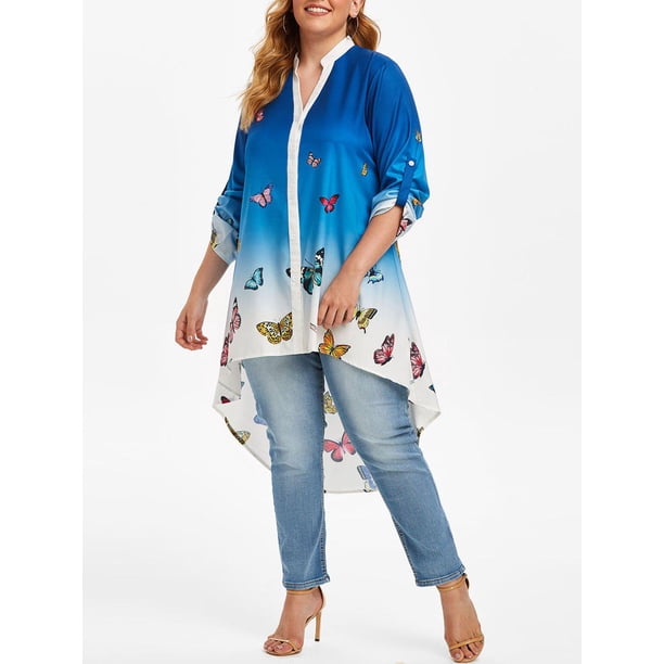 Más el tamaño de rueda para arriba la mariposa de la manga de la blusa Imprimir Ombre Rosegal Blusas Tallas Grandes
