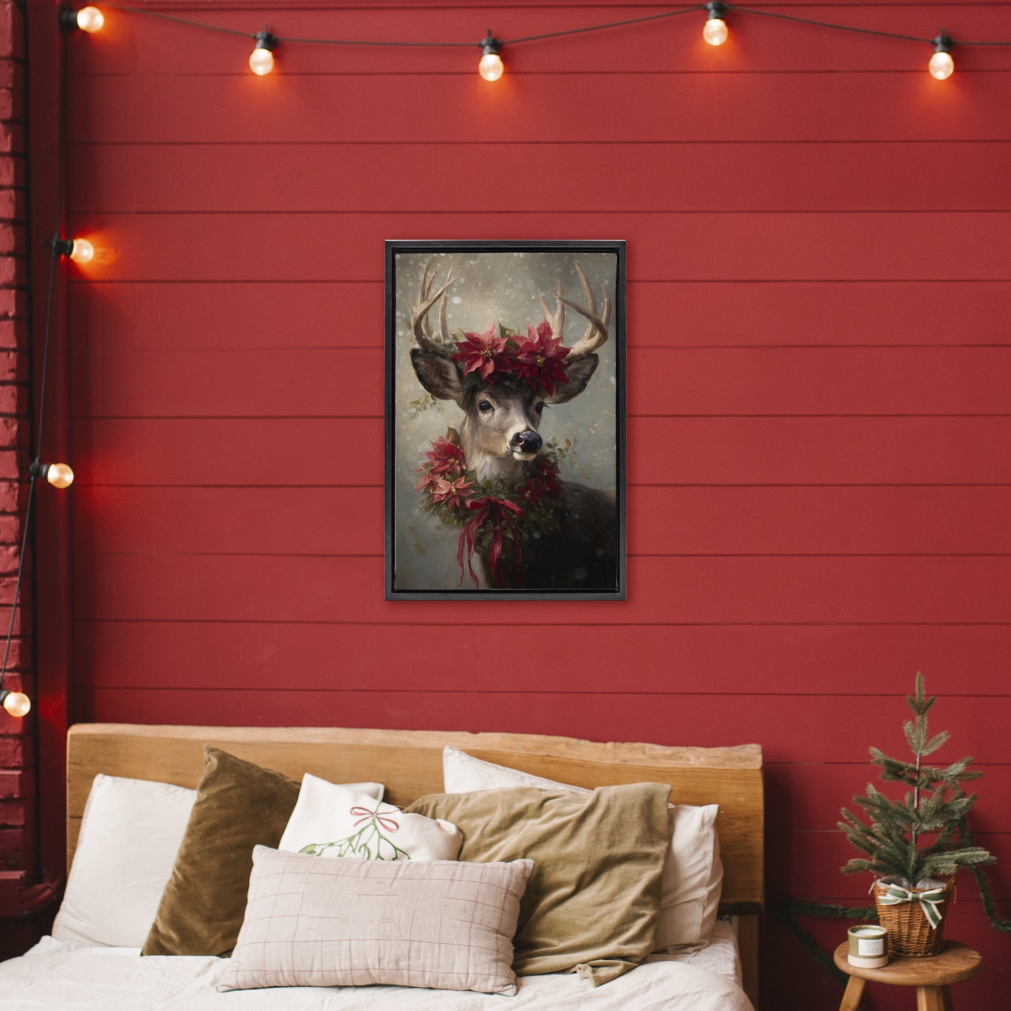 Stupell Industries Poinsettia Christmas Deer Black Framed Floater Canvas Wall Art, design by Tina LeCour