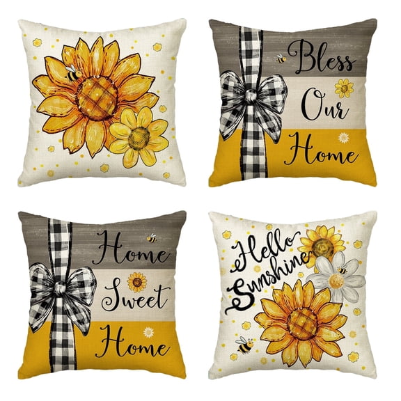 Sm:)e Bless Our Home Sunflower Summer Pillow Cover Set of 4 - 18x18 Inch Polyester Decorative Cushions