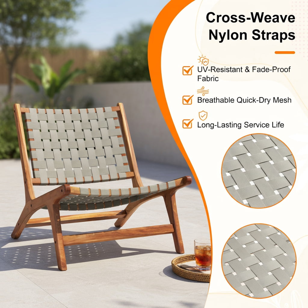 Hommoo Mid-Century Modern Teak Wood Outdoor Accent Chair with Breathable Nylon Webbing Seat, Wood & Gray Design, Indoor/Outdoor Use, Natural