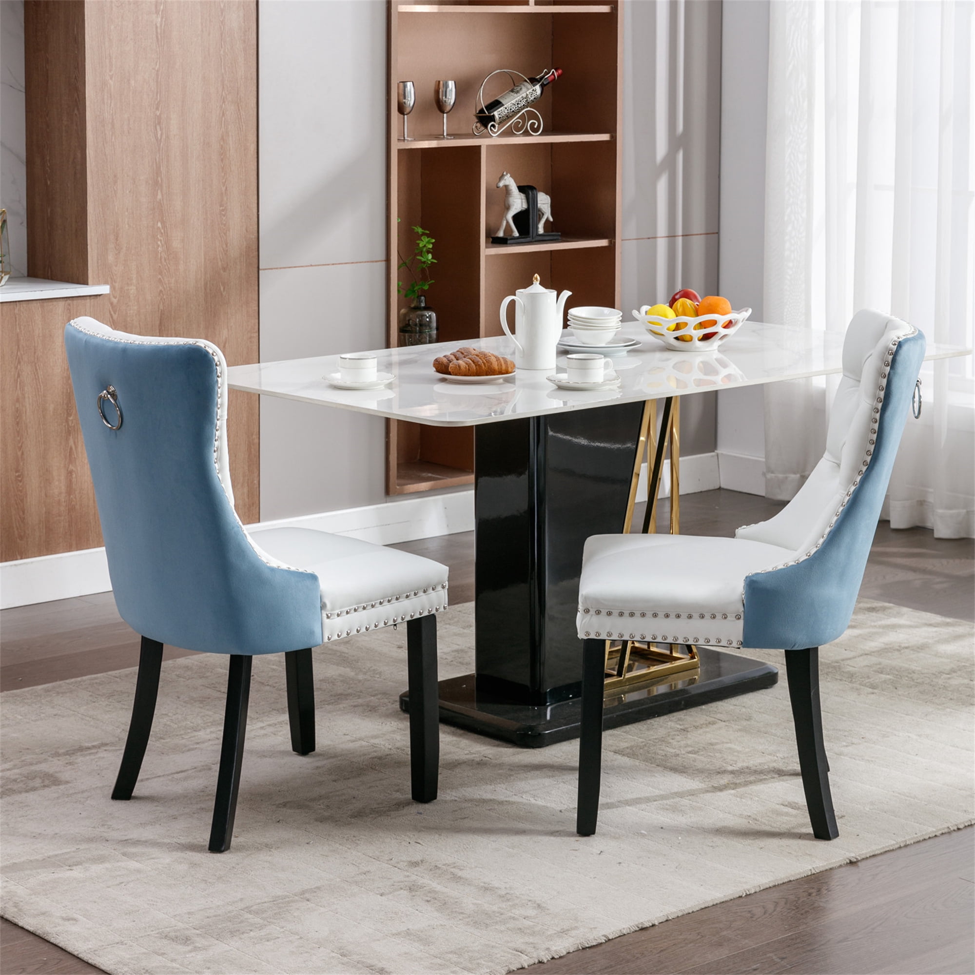 Miniyam Dining Chair Set of 2, High-end Tufted Contemporary PU and Velvet Upholstered, White+Light Blue