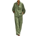 thumbnail image 2 of Tqyyweavej Two Piece Sets for Women Henley Button Long Sleeve Tops and Straight Leg Pants with Pockets Linen Sets for Women 2 Piece, 2 of 10