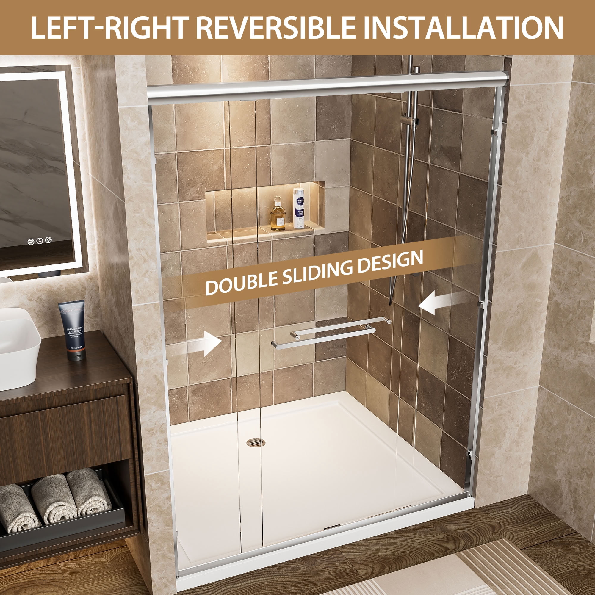 MAYEERTY Double Sliding Shower Door, 1/4" Tempered Safety Glass with Explosion-Proof Film, Waterproof & Reversible Installation