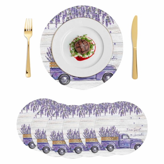 Purple Floral Round 15 Inch Placemats Set of 6, Spring Farmhouse Lavender Truck Wooden Gray HeatResistant Non Slip Place Mats for Dining Table, Wipeable Braided Kitchen Table Mats for Housewarming