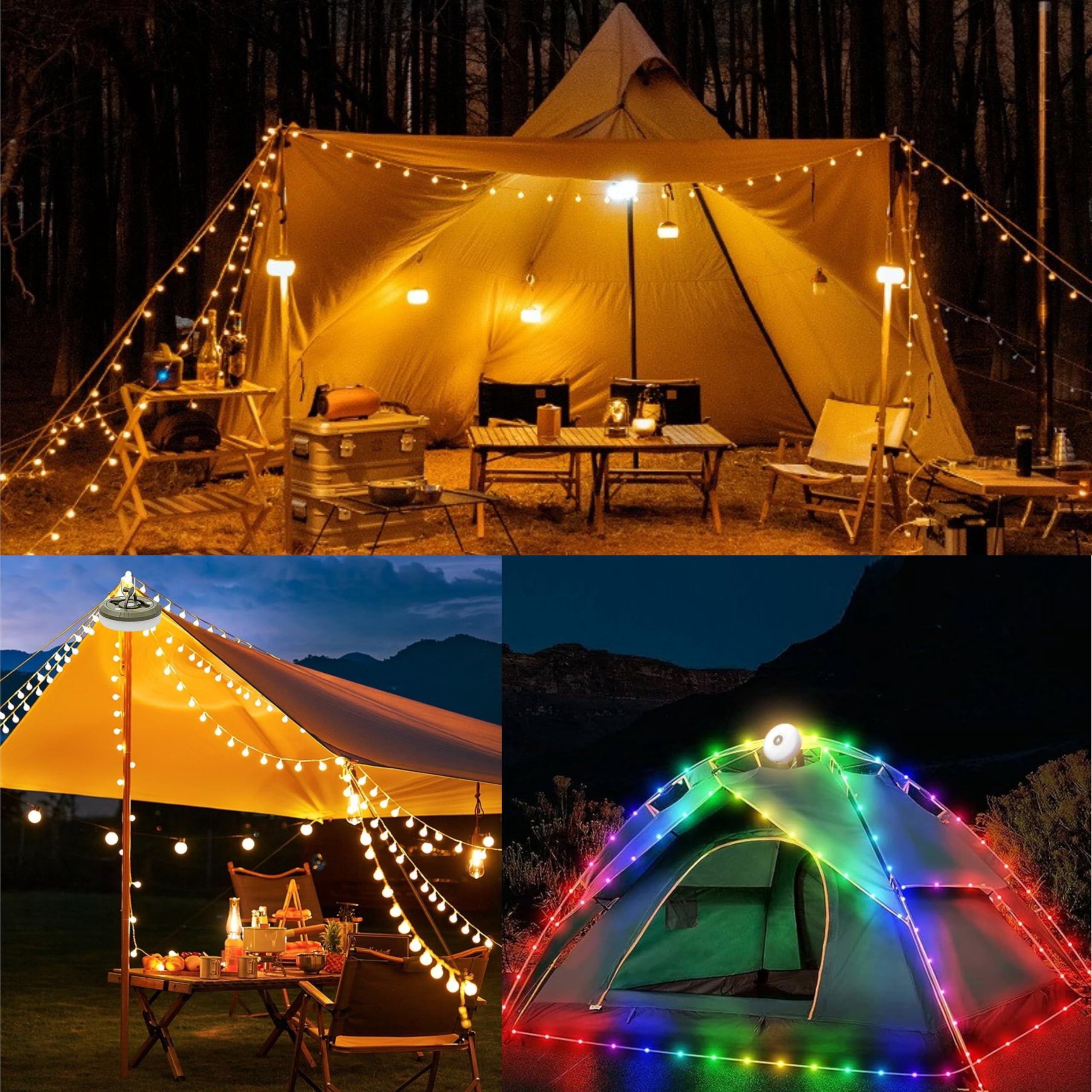 PUCACHI 2-in-1 LED Camping Lantern & 32.8ft String Lights | 8 Lighting Modes, IP44 Waterproof, USB Rechargeable | Portable Outdoor Light for Camping, Hiking, Backyard, Emergency (30s Quick Recovery,