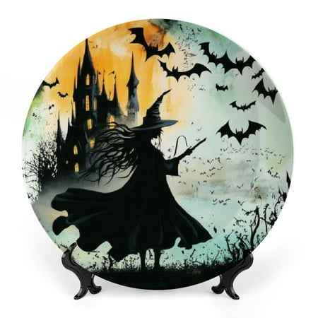 

FUMJ Witch Castle Bats Bone China Decorative Plate Ceramic Home Office Wall Decor Room Decoration 7x7inch