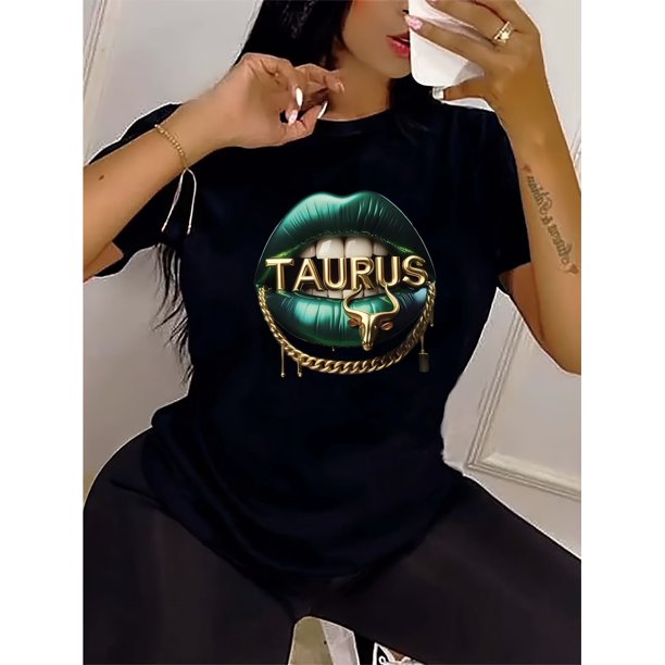 TAURUS Letter & Lips Graphic Print T-shirt, Short Sleeve Crew Neck Casual Top For Summer & Spring, Women's Clothing