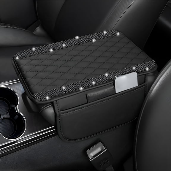RIONIMA Car Center Console Cover, Leather Car Arm Rest Cover Cushion with 2 Storage Bags, Universal Automotive Armrest Protector Storage Box, Accessories Interior for Most Vehicles (Black)