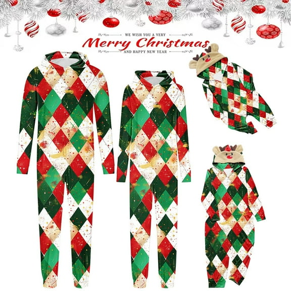 Family Christmas Onesie Pajamas Matching Sets Cute Print Xmas Pjs Sleepwear Holiday One Piece Zipper Hooded Jumpsuit Kid 2 Years