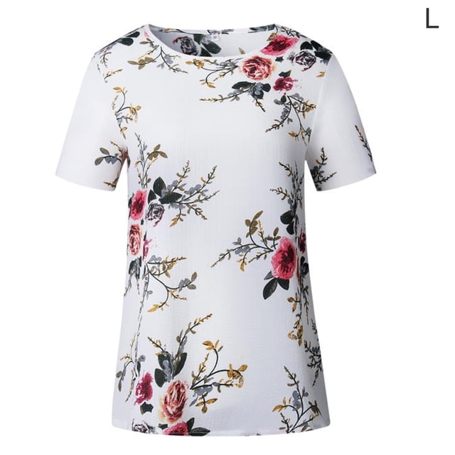 Camiseta de mujer con estampado floral, manga corta, cuello redondo, blusa informal, blanco, L Methold AP001919-27