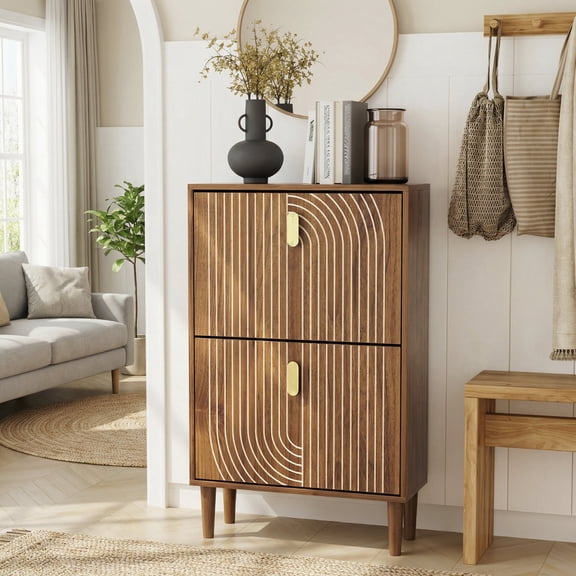 Semiocthome 23.6" Shoe Cabinet with 2 Flip Drawers and Line Groove Design, Entryway, Walnut