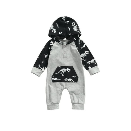 

Canrulo Newborn Baby Girls Boys Fall Clothes Outfts Hoodie Romper Jumpsuit Long Sleeve Dinosaur Clothing Black Gray 3-6 Months
