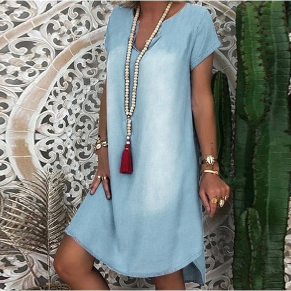 DondPO Midi Dresses for Women,Summer Dresses Women Fashion Short Sleeve V Neck Denim Jean Dress Knee Length Denim Short Dress Casual Dresses,Beach Dress Dresses for Women Light blue Dress XL