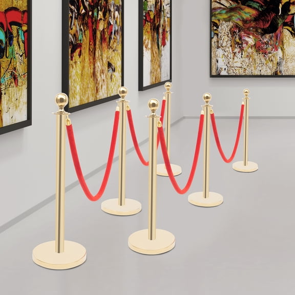 6 PCS Gold Stanchion Posts, 95cm/37.4in Height with 4-Way Top, 1.5m Red Velvet Ropes, Fillable Base for Stability, Ideal for Museums, Weddings & Red-Carpet Events