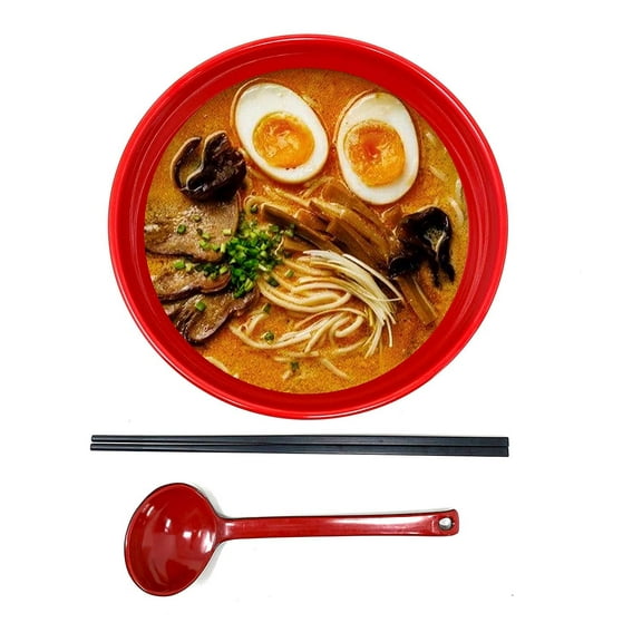 TJ Global 48 Ounce Red and Black Large Melamine Japanese Ramen Noodle Soup Bowl Set Hard Plastic Dishware for Udon Soba Pho Asian Noodles - D8" x H4", Comes with chopsticks and spoons (1 Set)
