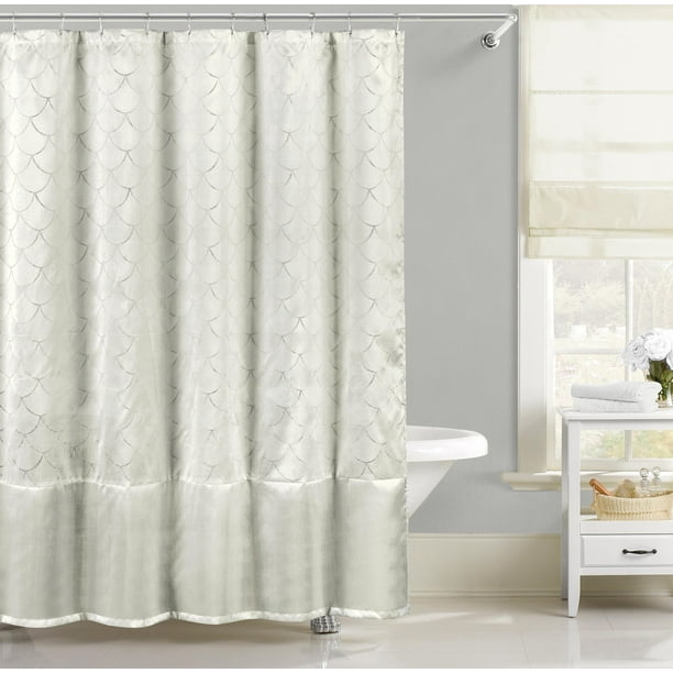 Pearl White Faux Silk Fabric Shower Curtain Metallic Silver Raised Pin