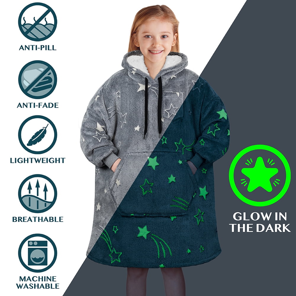 PAVILIA Wearable Blanket Sweatshirt for Kids Boy Girl Glow in the Dark Star, Warm Cozy Giant Blanket Hoodie, Fleece Sherpa Oversized Blanket Sweatshirt with Sleeves, Big Pocket, Christmas Gift