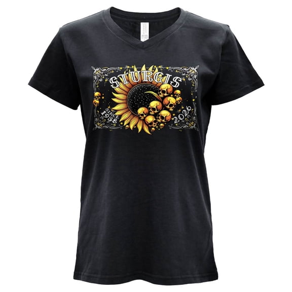 2026 Ladies Sturgis Motorcycle Rally Cosmic Flowers Black Short Sleeve V-Neck T-Shirt - SPL1937 Small