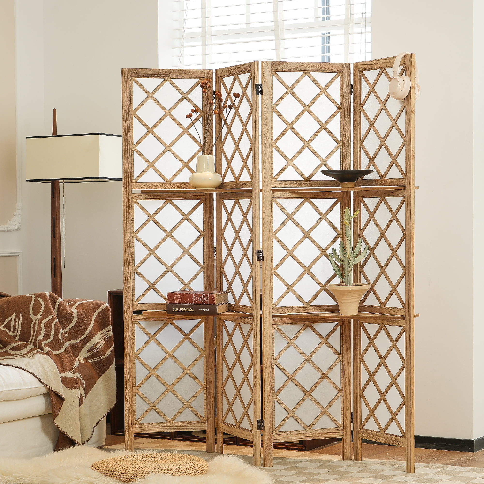 Jostyle 4/6 Panel Room Divider Privacy Screen with Storage Shelves Foldable Wood