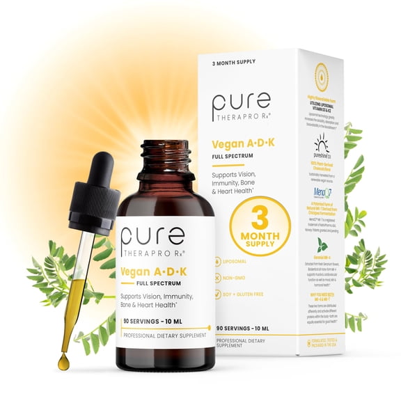 Pure Therapro Rx Vegan A-D-K Drops 10 Ml, Made in USA | 3 Month Supply | Vitamin A (Palmitate), Liposomal Vitamin D3 (Pureshine), Liposomal Vitamin K2 (MK-4 & MK-7) Supports Immunity & Bone Health