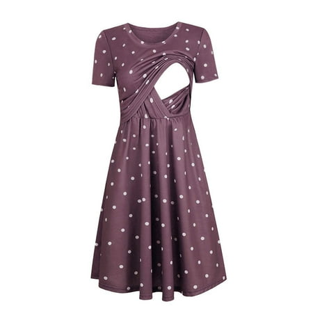 

LoyisViDion Womens Maternity Dresses Clearance Woman Dots Print Short Sleeve Breast-Feeding Pregnant Maternity Nursing Dress Purple 6(M)