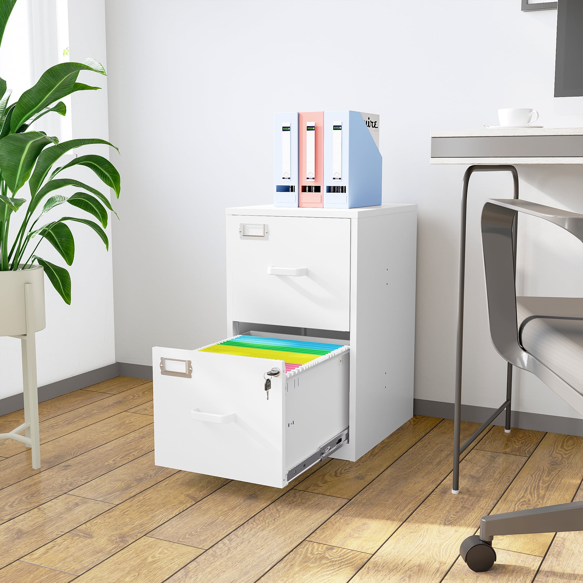 Fesbos 2 Drawer File Cabinet with Lock,Metal Office Filing Cabinets for Home Office,Storage A4/F4/Letter, Easy Assemble (White）
