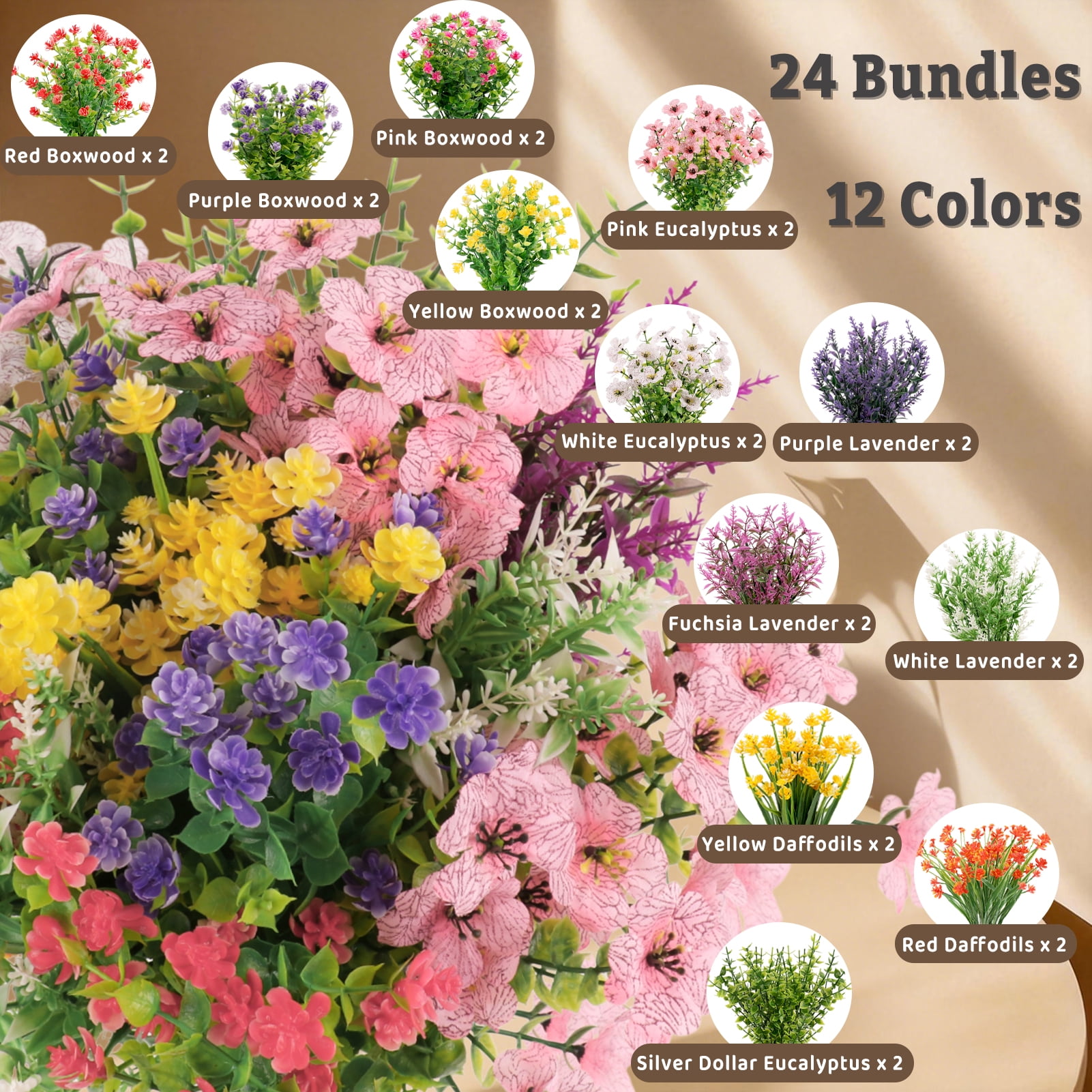 CandWuom 24 Bundles Artificial Flowers for Outdoors/Indoors, Fake Flowers Plants for Indoor Outside Decor Garden Porch Window Box Home Wedding Farmhouse(12 Color)