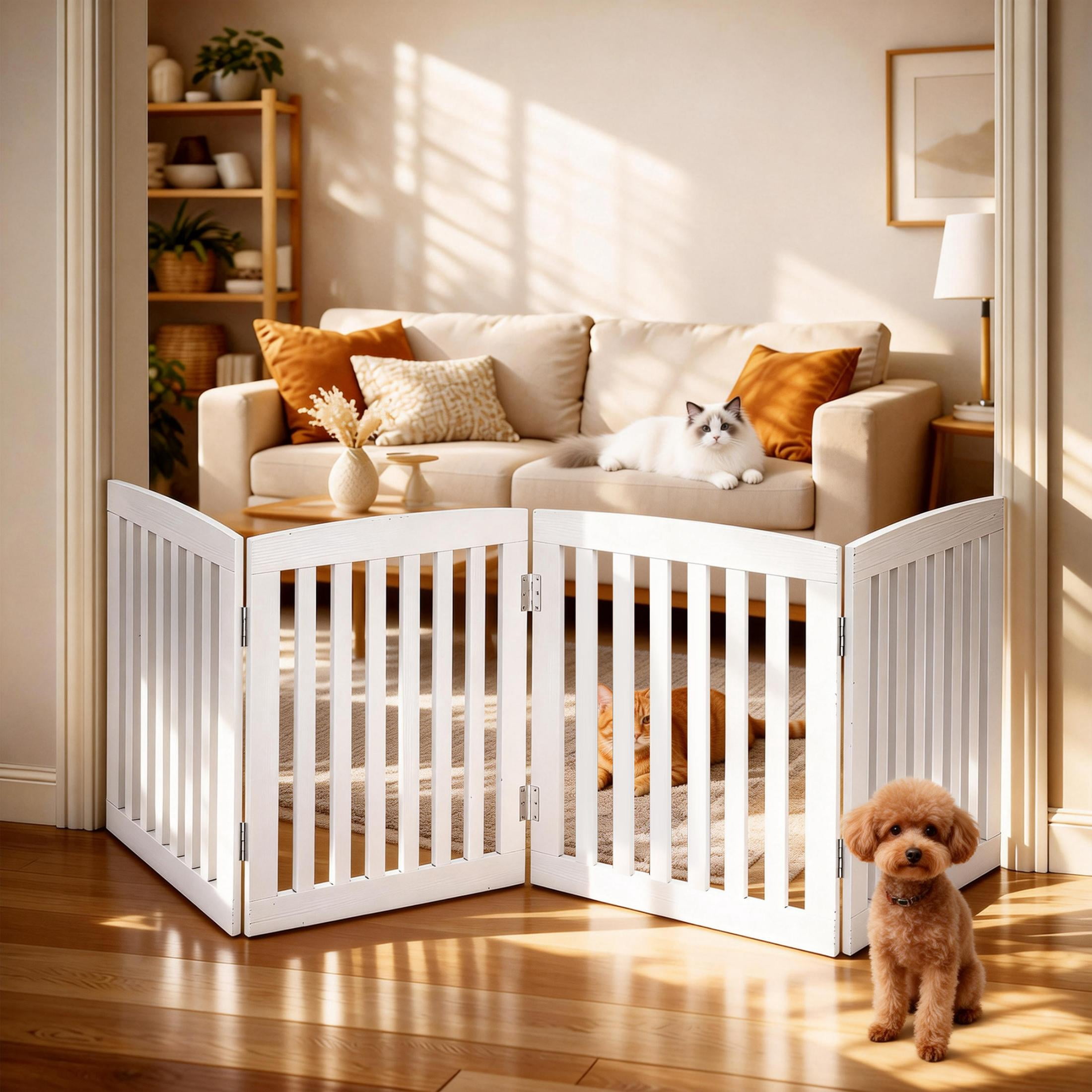 EDX 24" Height-4 Panels Wooden Pet Gate for Dogs and Cats, Foldable Freestanding Dog Gate with Hinge Design, Indoor Portable Extra Wide Dog Fence Pet Barrier, For Doorways, Stairs, White