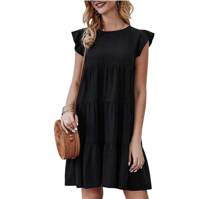 Robe à Manches Courtes Col Rond Couleur Unie Jupe Plissée Décontractée Noire S