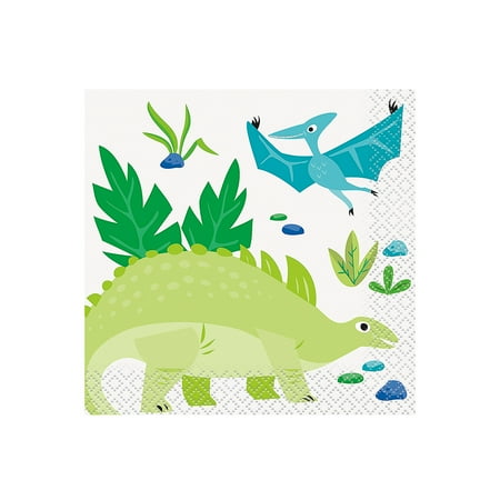 5" Blue & Green Dinosaur Paper Beverage Napkins – 16 Pc.
