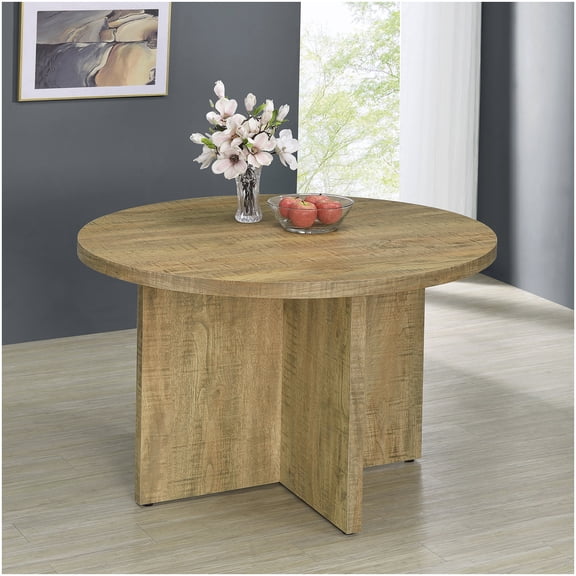 Modern Round Dining Table with Mango Finish, Geometric Base for Farmhouse Decor