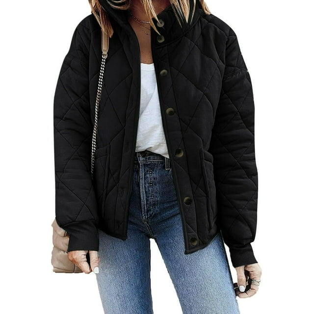 EIMELI Womens Lightweight Quilted Jacket Button Long Sleeve Stand Collar Warm Winter Coat