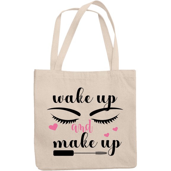 12oz Canvas Tote Bag - Wake Up & Make Up with Eyebrows, Eyelashes & Mascara Applicator Design - Beauty Themed Merch for Makeup Artist or Cosmetologist, Gift for Makeup Lovers & Beauticians