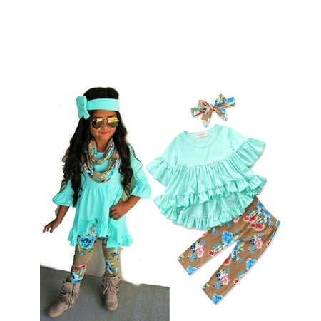 

AMILIEe 1-7Y Kids Girls Long Sleeve Ruffle T Shirt Top Blouse Long Pant+Bow Hair Band Set Clothes