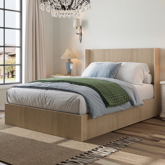 Queen Storage Bed Frame with Lift Up Hydraulic System, Platform Bed with Wooden Headboard & Shelves, No Box Spring Needed, Undulating Design & Ample Underbed Storage, Oak