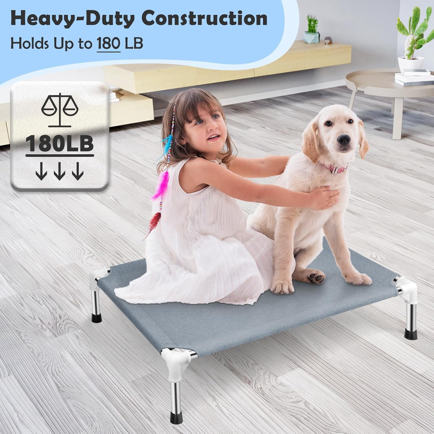 Elevated Cooling Dog Bed, Raised Outdoor Dog Bed for Medium Dogs, Portable Pet Cots with No-Slip Rubber Feet, Double Layer Polyester Cotton