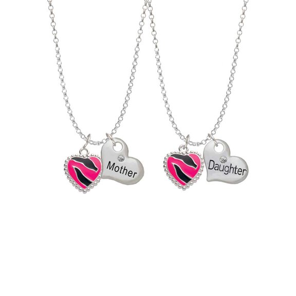 Delight Jewelry Silvertone Hot Pink Zebra Print Heart Mother & Daughter Heart Necklaces (Set of 2), 19"+2"