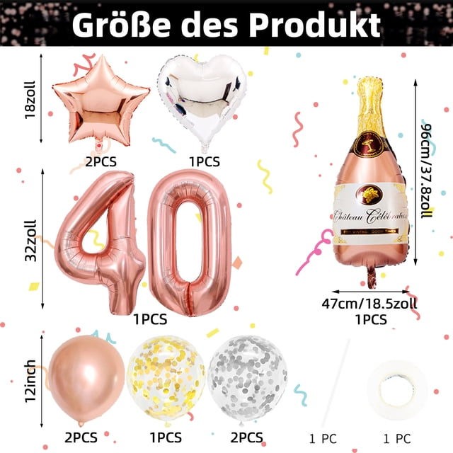 Decoración de 40 cumpleaños para mujer, decoración de cumpleaños para mujer, pancarta larga de feliz cumpleaños, banderines y globos de confeti de oro rosa negro, juego de decoración