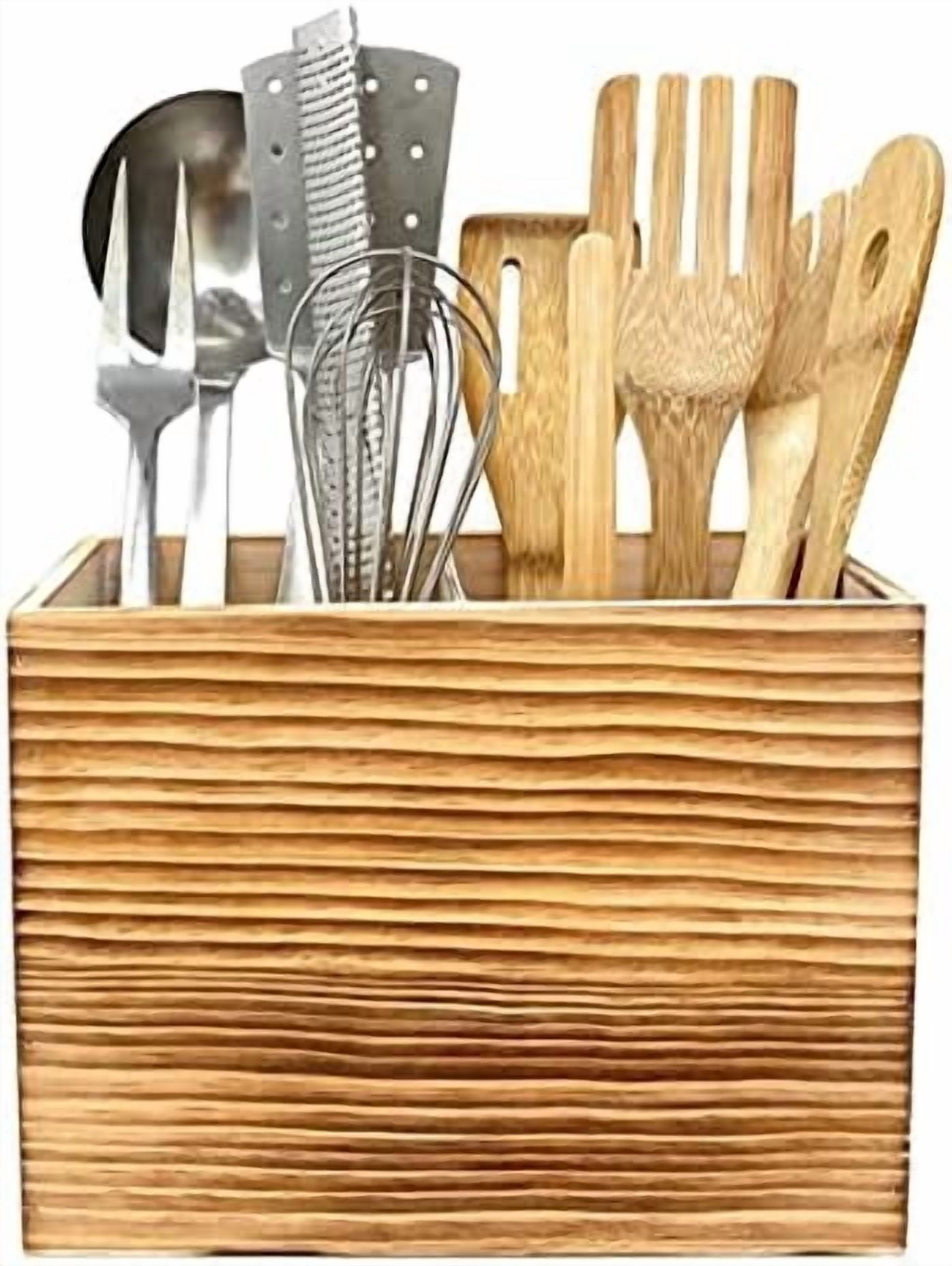 Wood Utensil Holder for Kitchen Counter - 2 Compartment Large Utensil Crock Organizer for Countertop - Tool Holder for Spatula - Farmhouse Decor