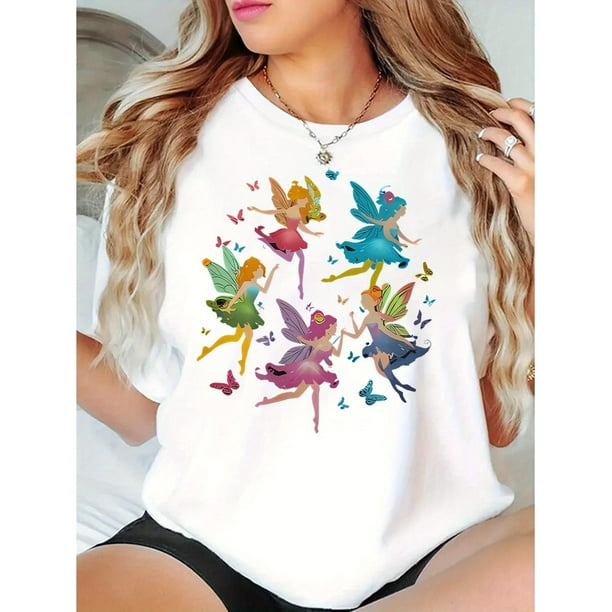 Creative Colorful Butterfly Fairy Pattern Printed Women'S Trendy Round Neck Short Sleeve, Simple Casual Sports T-Shirt, Comfortable Summer Top for Holidays.