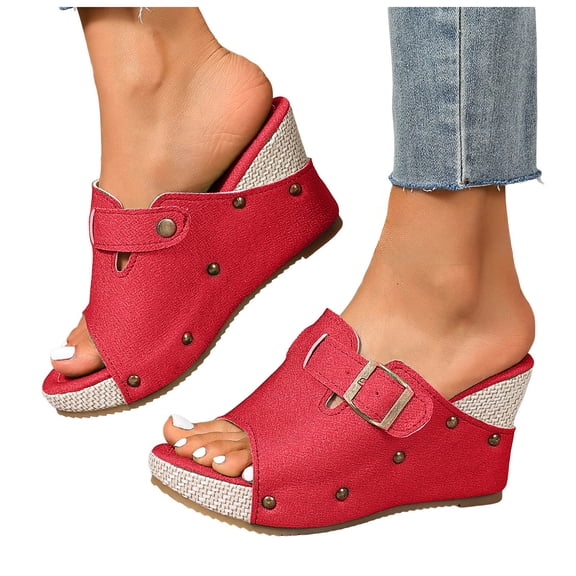 Platform Sandals for Women Backless Wedges Heels Retro Studded Leather Slip on High Heeled Peep Toe Mules Shoes with Buckle Strap Red Size 9.5