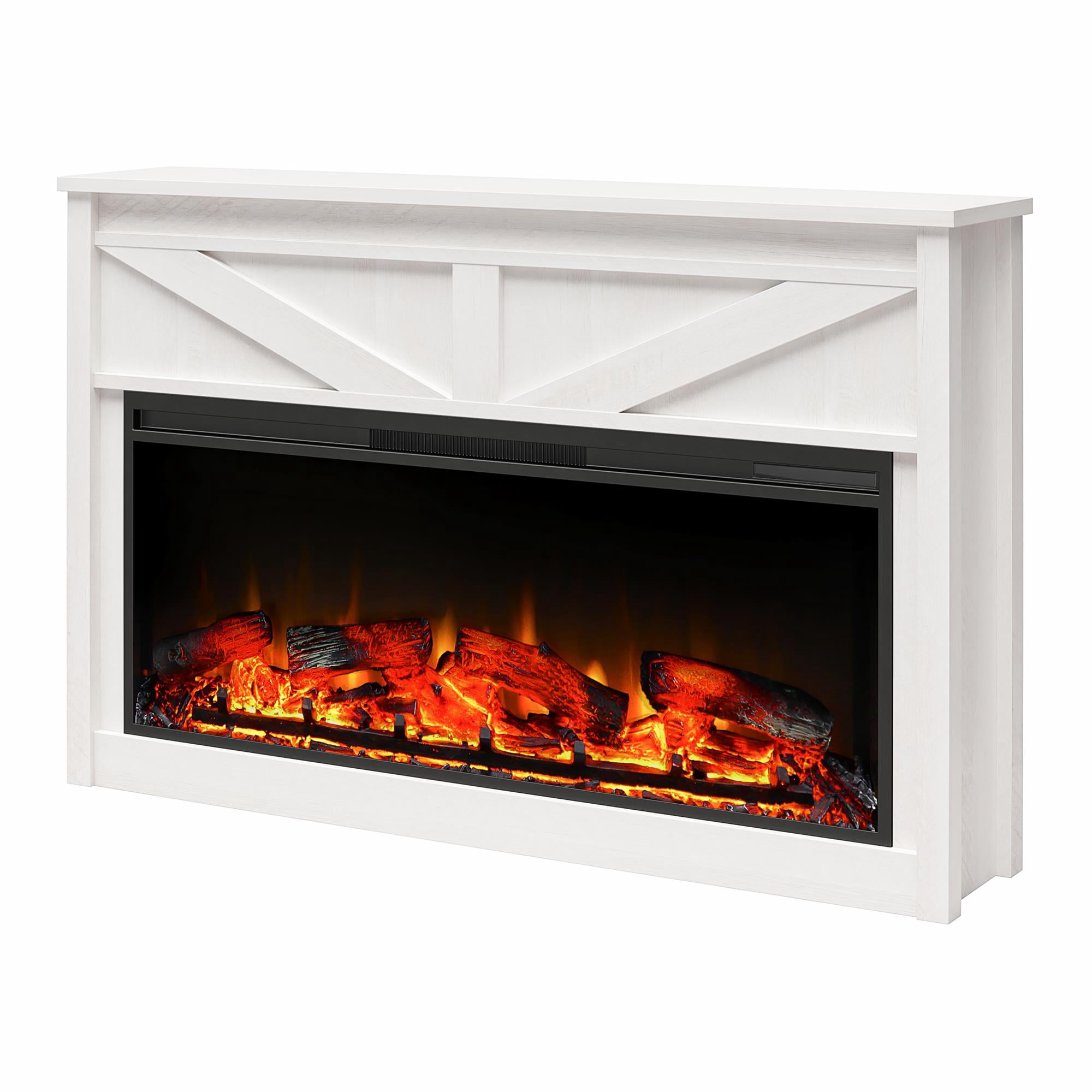 Woven Paths Scandi Farmhouse Wide Modern Farmhouse Mantel with Electric Fireplace, Ivory Oak