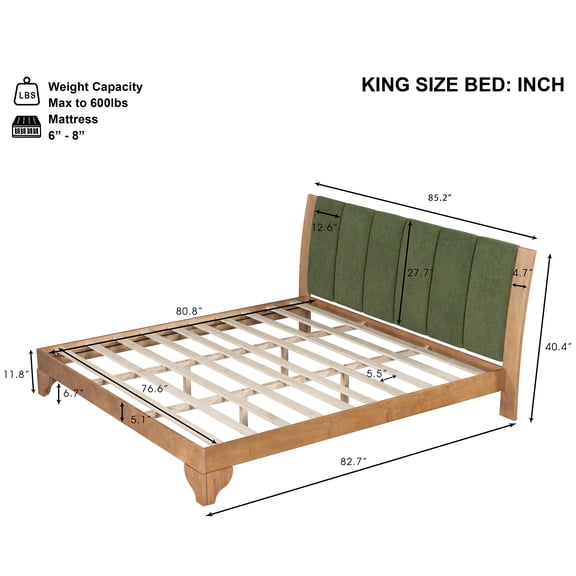 Pinovk Premium Pine Wood King Bed Frame,King Size Bed Frame with Headboard Included,Mid Century Modern Bed,Natural&Green Color
