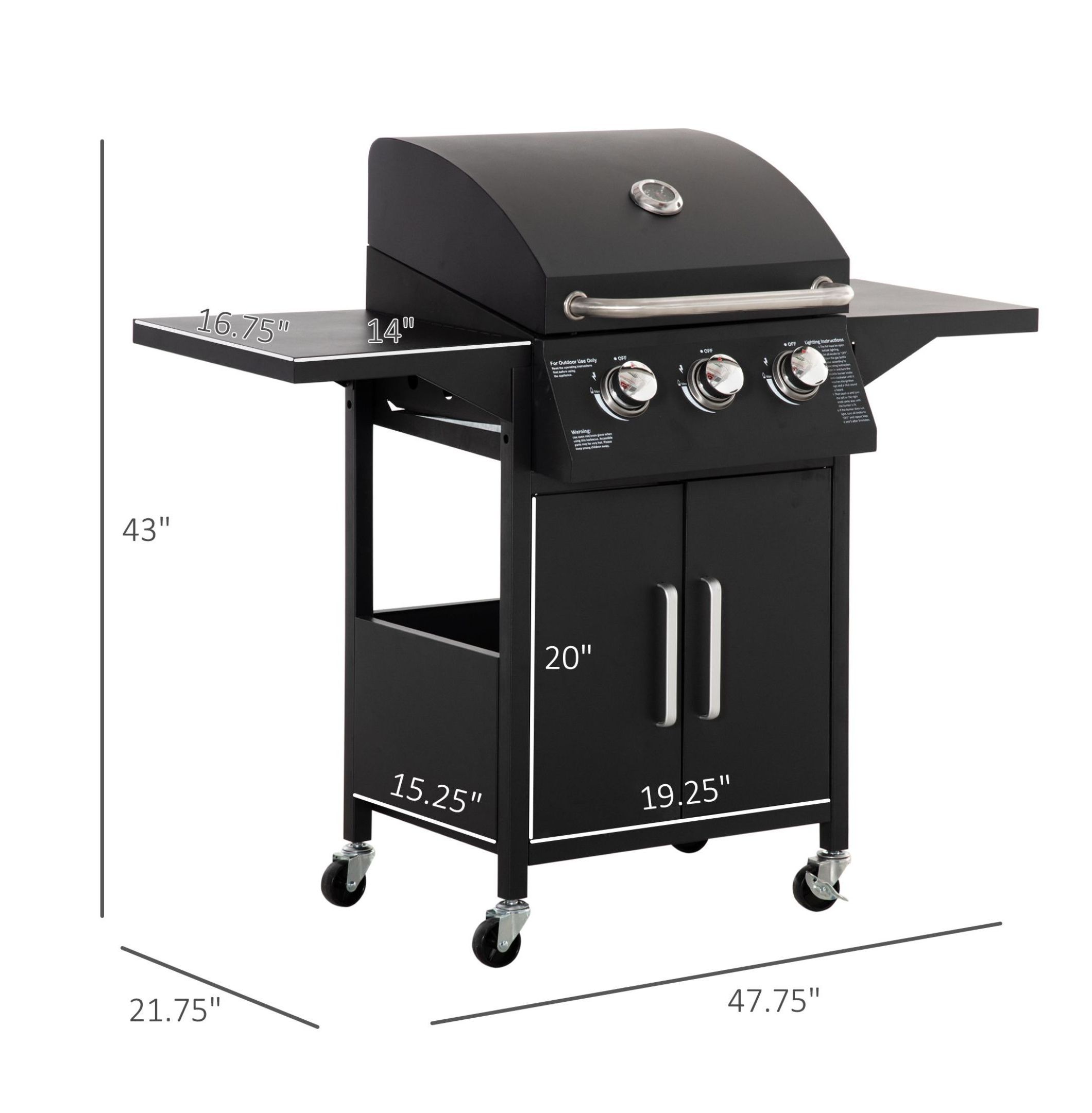 3 Burner Gas Grill Portable BBQ Trolley with Wheels Black - Outdoor Propane Grill for Patio & Camping