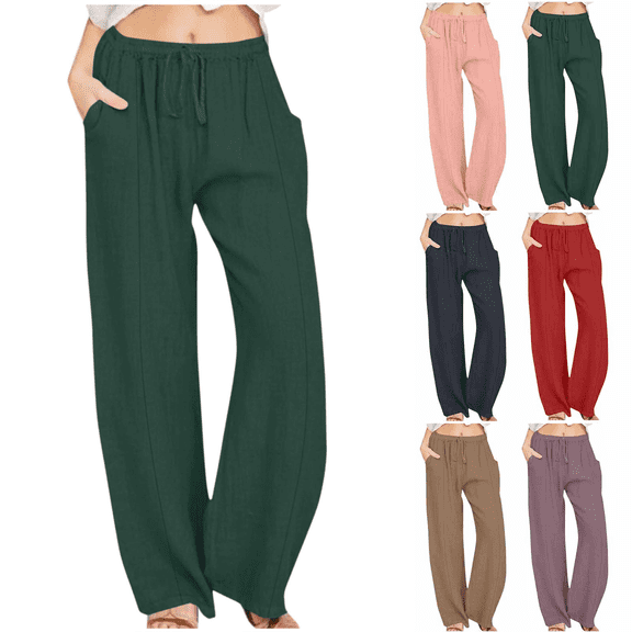 Womens Summer Pants Full Length Pants Fashion Ladies Summer Casual Loose Cotton and Linen High Waisted Trousers Solid Color Drawstring Elastic Waist Loose Long Pants with Pocket