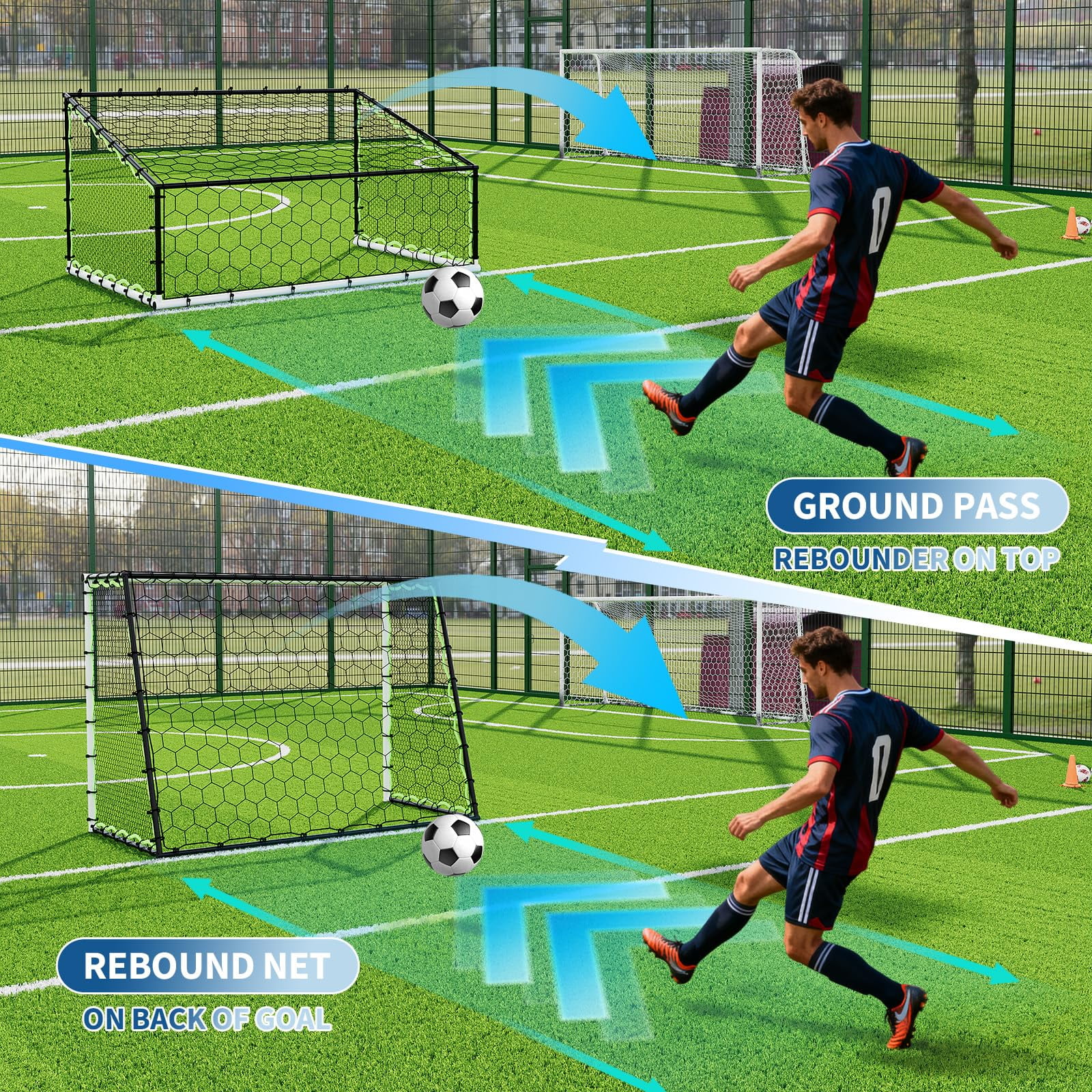3-in-1 Soccer Rebounder Net 7x5ft, Large Football Goal Trainer with High, Low Shot Zones, Durable Steel Frame, for, Passing, Ball Control, Solo, Team Skill Practice