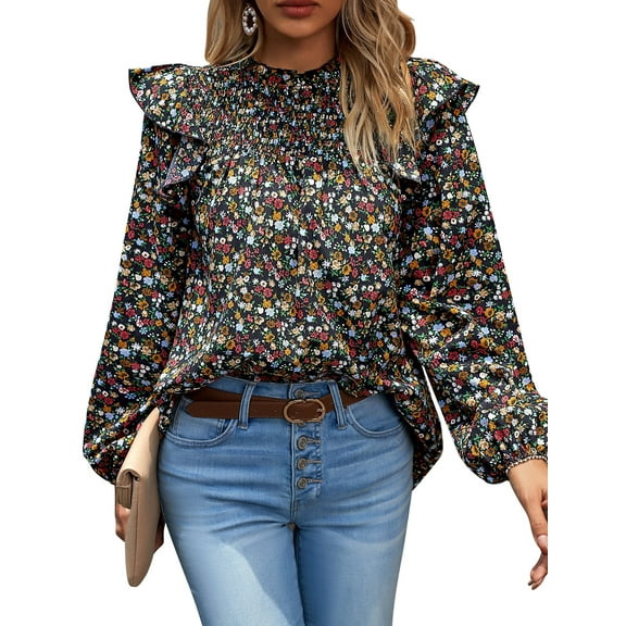 Womens Blouses and Tops Boho Floral Print Long Sleeve Shirts and Tops Loose Fit